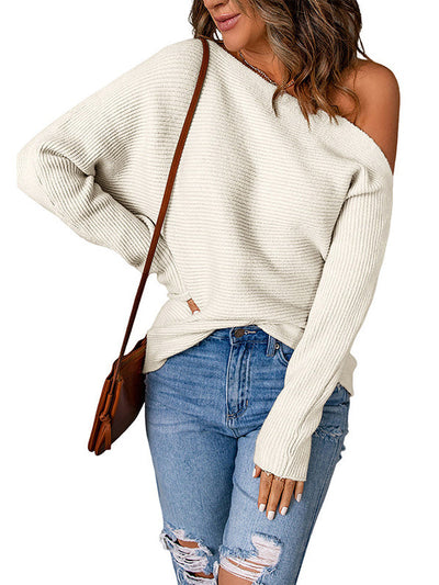 Long Sleeves Loose Asymmetric Solid Color One-Shoulder Pullovers Sweater Tops