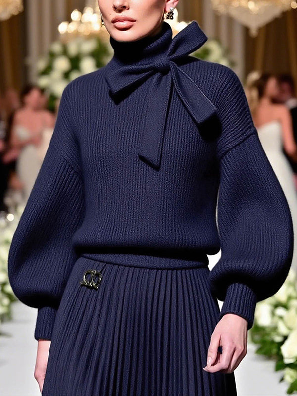 Loose Puff Sleeves Bowknot Solid Color Split-Joint High Neck Sweater Tops