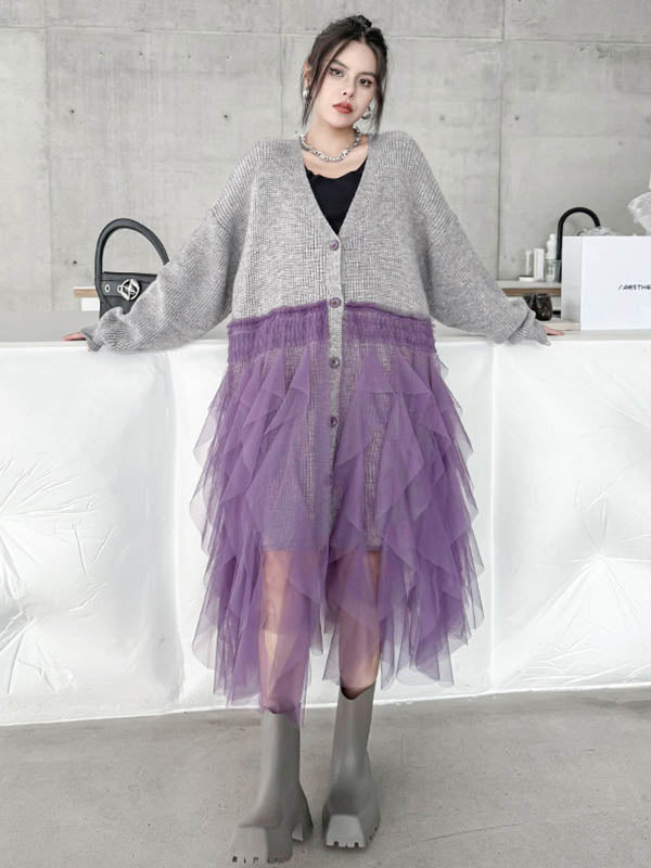 High-Low Irregularity Buttoned Contrast Color Mesh Pleated Ribs Split-Joint Collarless Cardigan Tops Outerwear