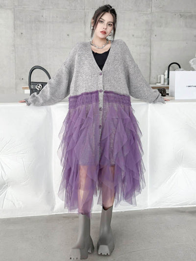 High-Low Irregularity Buttoned Contrast Color Mesh Pleated Ribs Split-Joint Collarless Cardigan Tops Outerwear