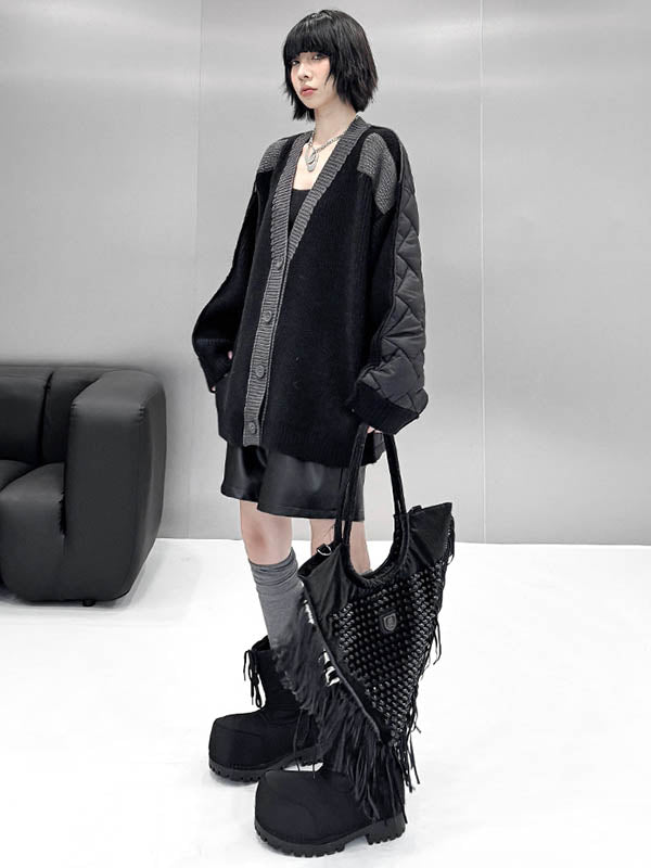 Long Sleeves Loose Buttoned Contrast Color Reversible Split-Joint Collarless Cardigan Tops Outerwear