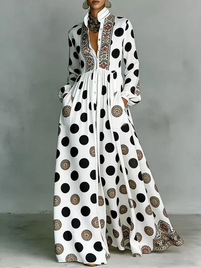 High Waisted Long Sleeves Big Hemline Buttoned Contrast Color Pleated Pockets Polka-Dot Stand Collar Maxi Dresses