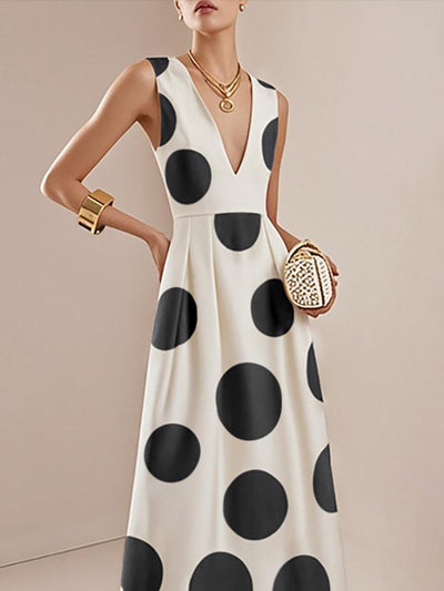 A-Line High Waisted Pleated Polka-Dot V-Neck Maxi Dresses