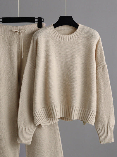 Stylish Loose High-Low Long Sleeves Solid Color Round-Neck Sweater Tops& Wide Leg Pants Two Pieces Set