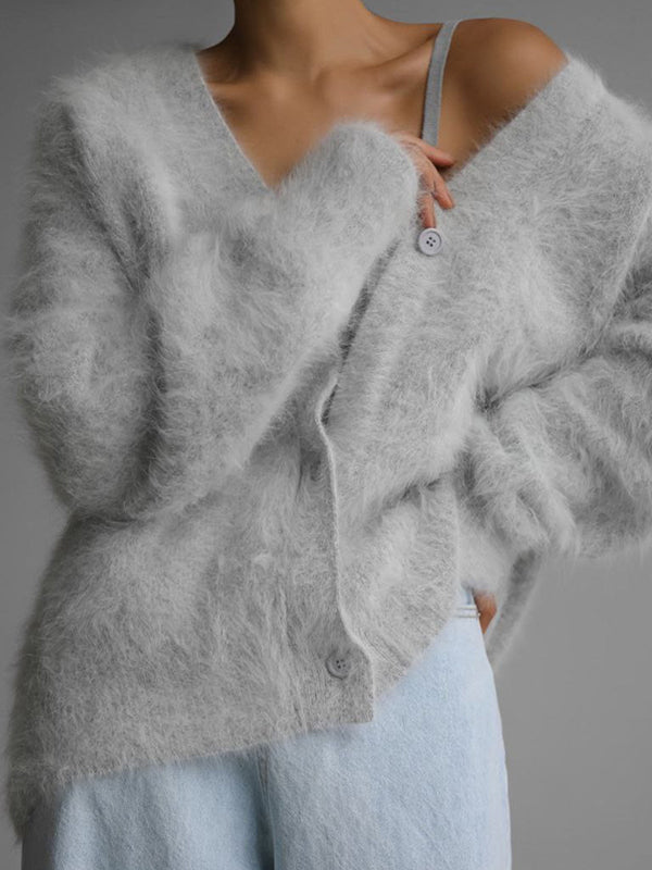 Long Sleeves Loose Buttoned Solid Color V-Neck Cardigan Tops