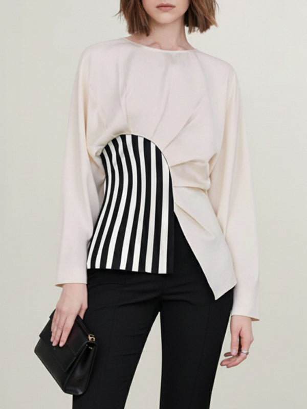 Irregularity Long Sleeves Asymmetric Pleated Split-Joint Striped Zipper Round-Neck Blouses&Shirts Tops