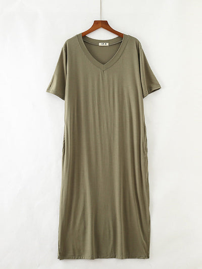 Simple Short Sleeves Loose Split-Side Solid Color V-Neck Pajamas Dress