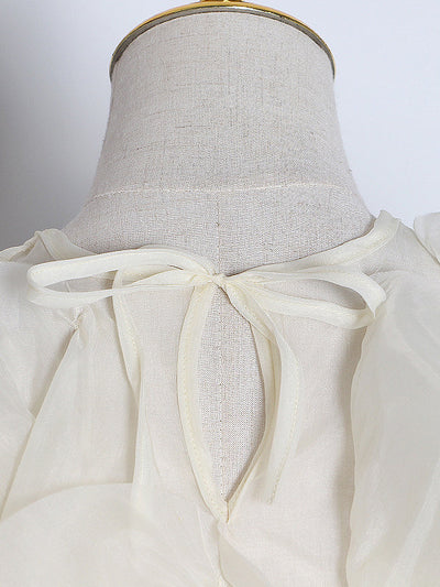 Long Sleeves Loose Lace-Up Solid Color Tiered Round-Neck Blouses&Shirts Tops