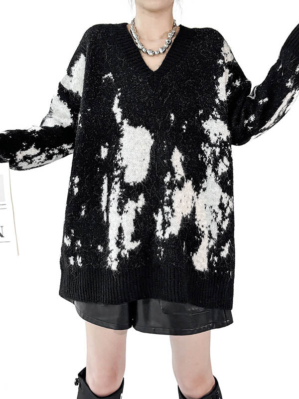 Long Sleeves Loose Abstract Printed Contrast Color Ribs Split-Joint V-Neck Sweater Tops