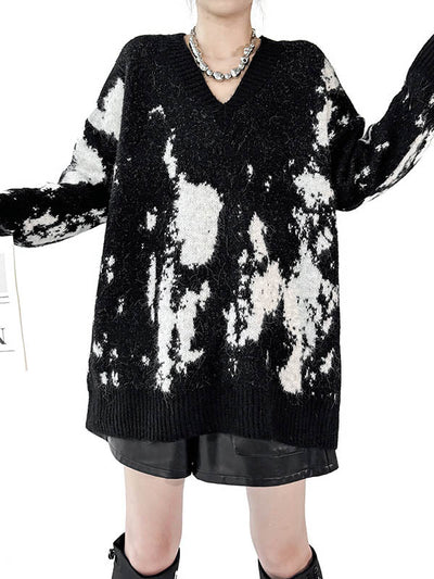 Long Sleeves Loose Abstract Printed Contrast Color Ribs Split-Joint V-Neck Sweater Tops