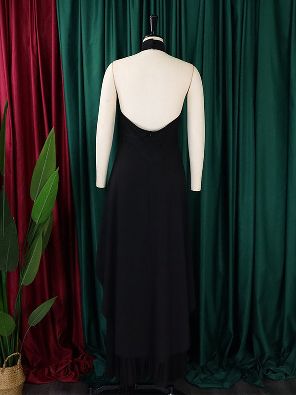 Loose Backless Lacy Solid Color Halter-Neck Vest Top + High-Low Pants Bottom Two Pieces Set