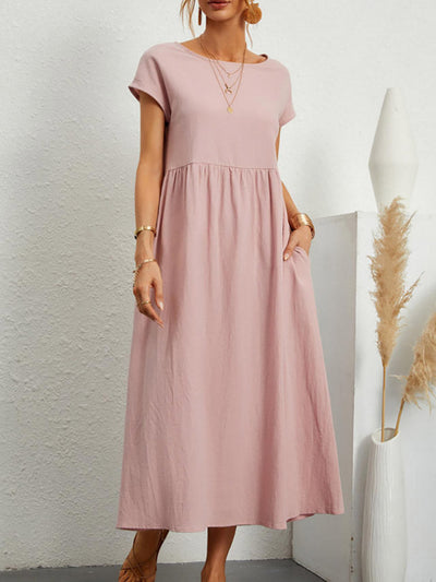 A-Line Plus Size Pleated Pockets Solid Color Round-Neck Midi Dresses