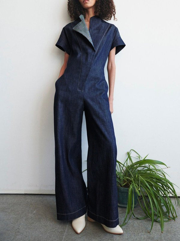 High Waisted Loose Solid Color V-Neck Jumpsuits