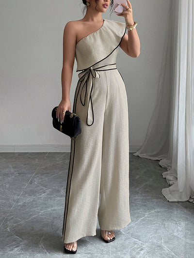 High Waisted Wide Leg Elasticity Tied Waist One-Shoulder Jumpsuits