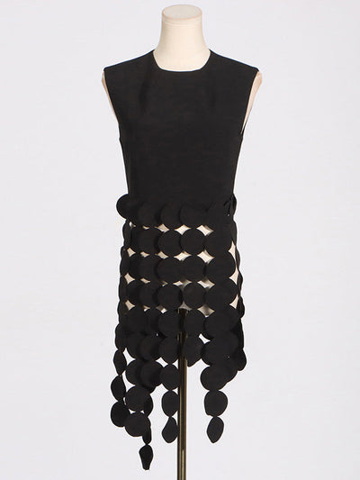 Sleeveless Polka-Dot Solid Color Split-Joint Tasseled Round-Neck Vest Top