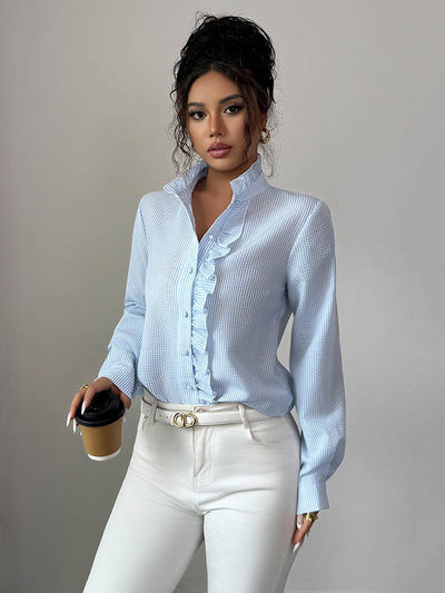 Long Sleeves Skinny Buttoned Ruffled Split-Joint Striped Stand Collar Blouses&Shirts Tops