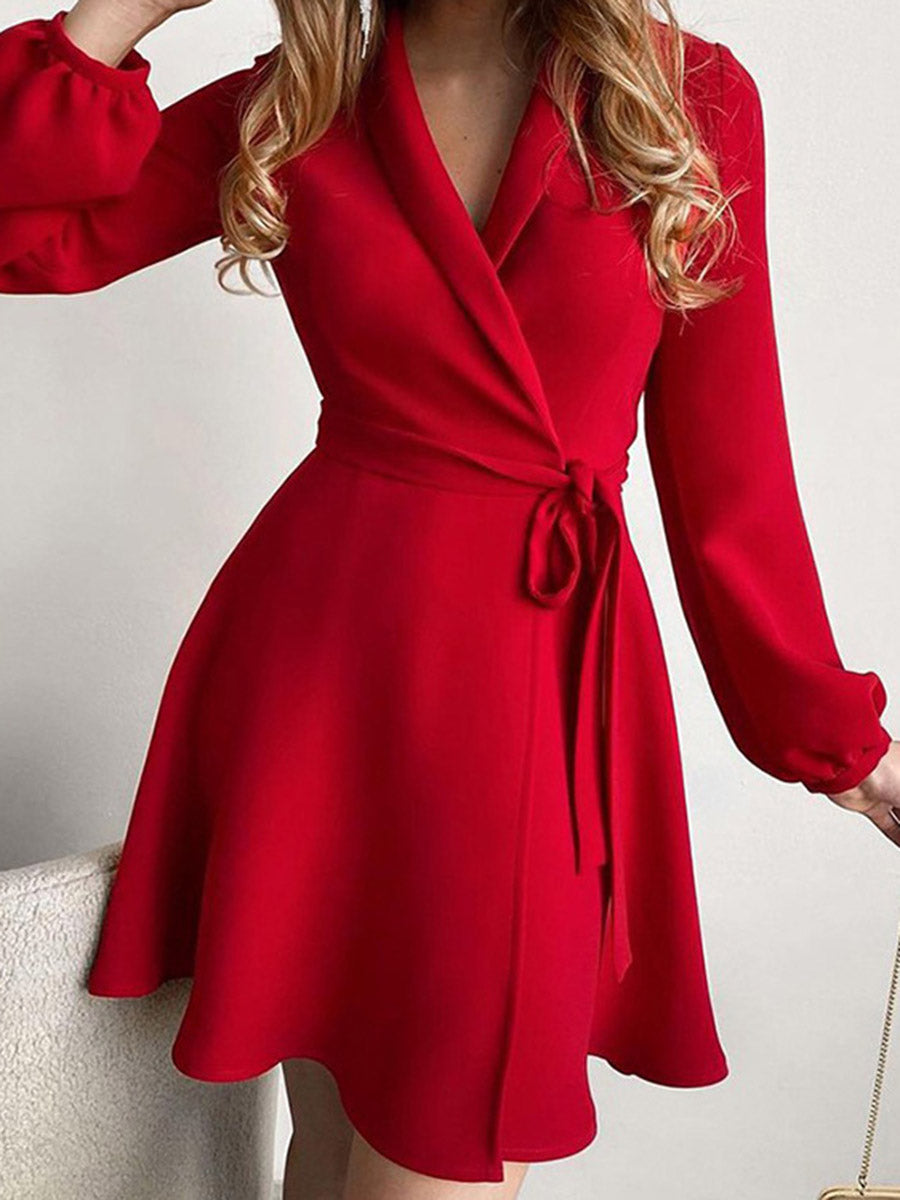 High Waisted Long Sleeves Contrast Color Flower Print Split-Joint Tied Waist V-Neck Mini Dresses