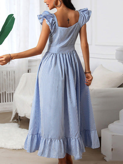 A-Line Loose Buttoned Pleated Ruffle Trim Striped Square-Neck Maxi Dresses