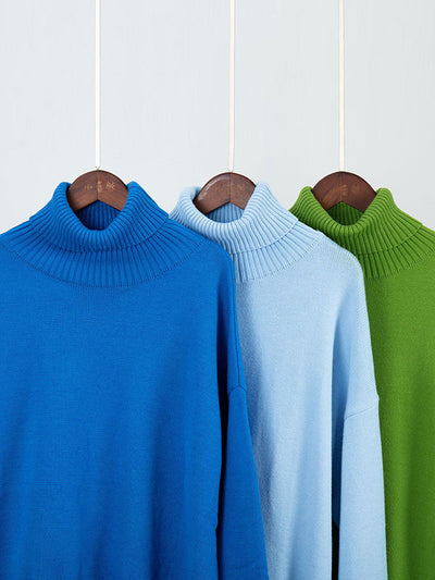 High-Low Long Sleeves Solid Color Split-Joint High Neck Sweater Tops