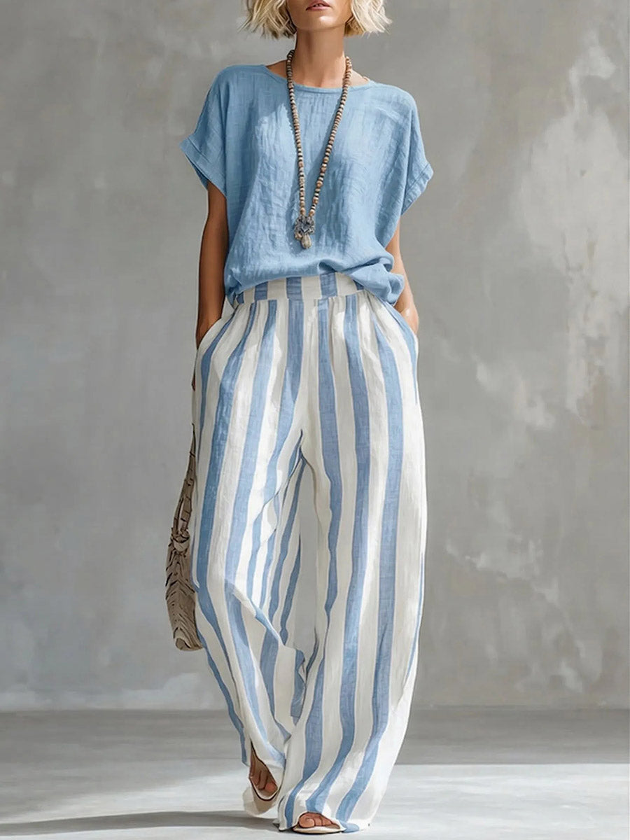 Plus Size Solid Color Round-Neck T-Shirts + Striped Pockets Contrast Color High Waisted Pants Trousers Two Pieces Set