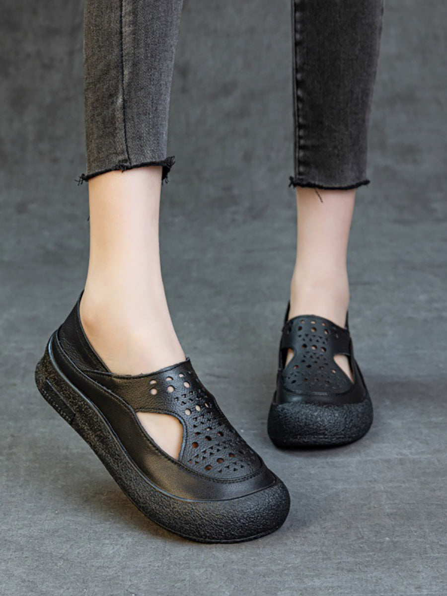 Women Summer Casual Hollow Out Leather Flat Shoes