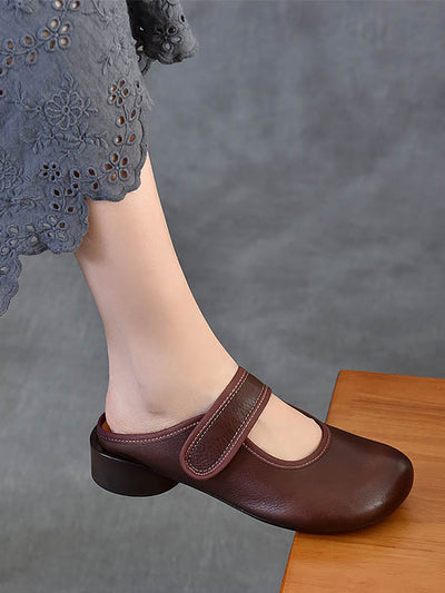 Women Artsy Genuine Leather Mary Jane Low Heel Slippers