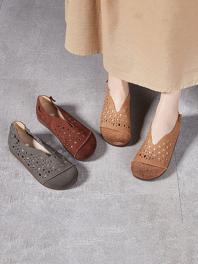 Women Summer Vintage Leather Cowhide Flat Shoes
