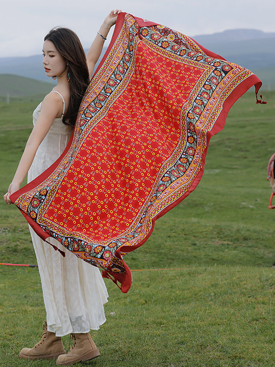 Women Ethnic Print Tassel Shawl Scarf