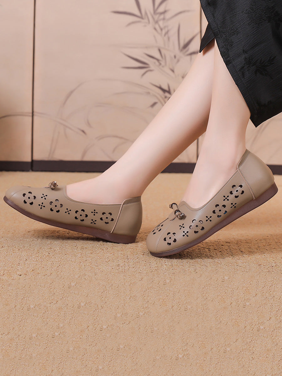 Women Casual Summer Leather Hollow Out Flat Shoes