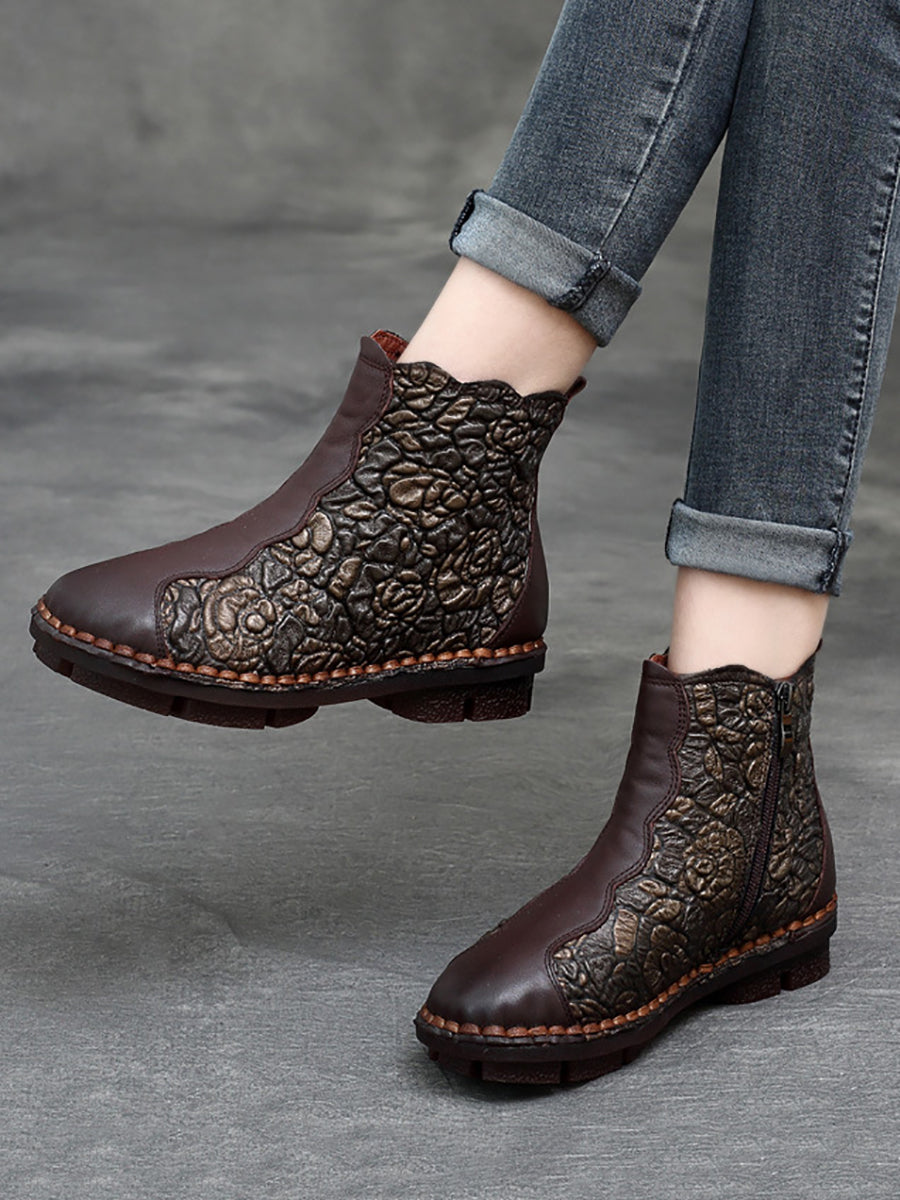 Women Retro Flower Leather Spliced Zipper Low Heel Boots