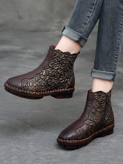 Women Retro Flower Leather Spliced Zipper Low Heel Boots