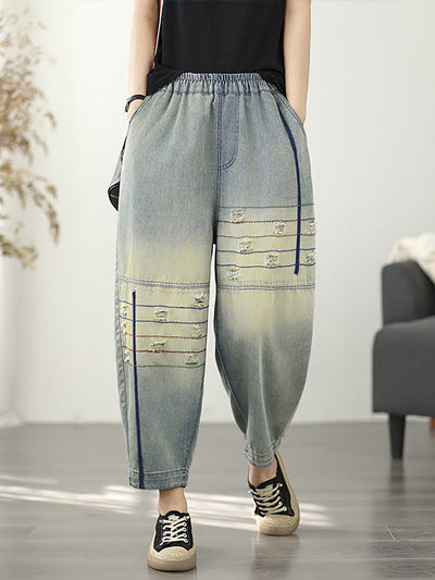 Women Retro Frayed Denim Harem Pants