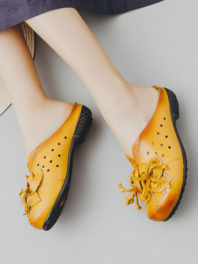 Women Vintage Leather Flower Low Heel Slippers