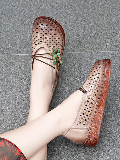 Women Summer Leather Flower Spliced Low Heel Shoes