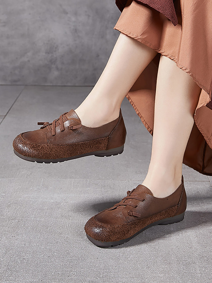 Women Vintage Leather Spliced Low Heel Shoes