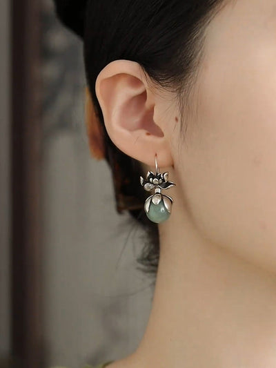 Women Vintage Jade Lotus Alloy Earrings