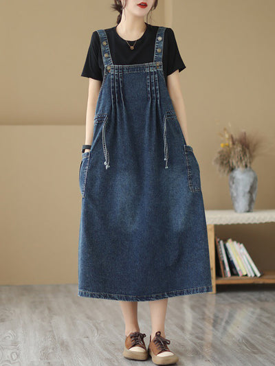 Plus Size Women Summer Retro Pleat Drawstring Pocket Denim Dress