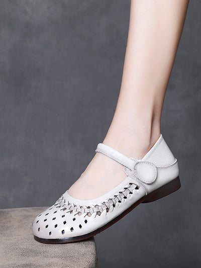 Women Vintage Leather Hollow Out Low Heel Shoes