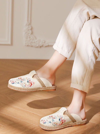 Women Ethnic Summer Butterfly Embroidery Linen Slippers