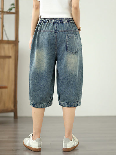 Women Retro Flower Embroidery Patchwork Denim Fifth Pants