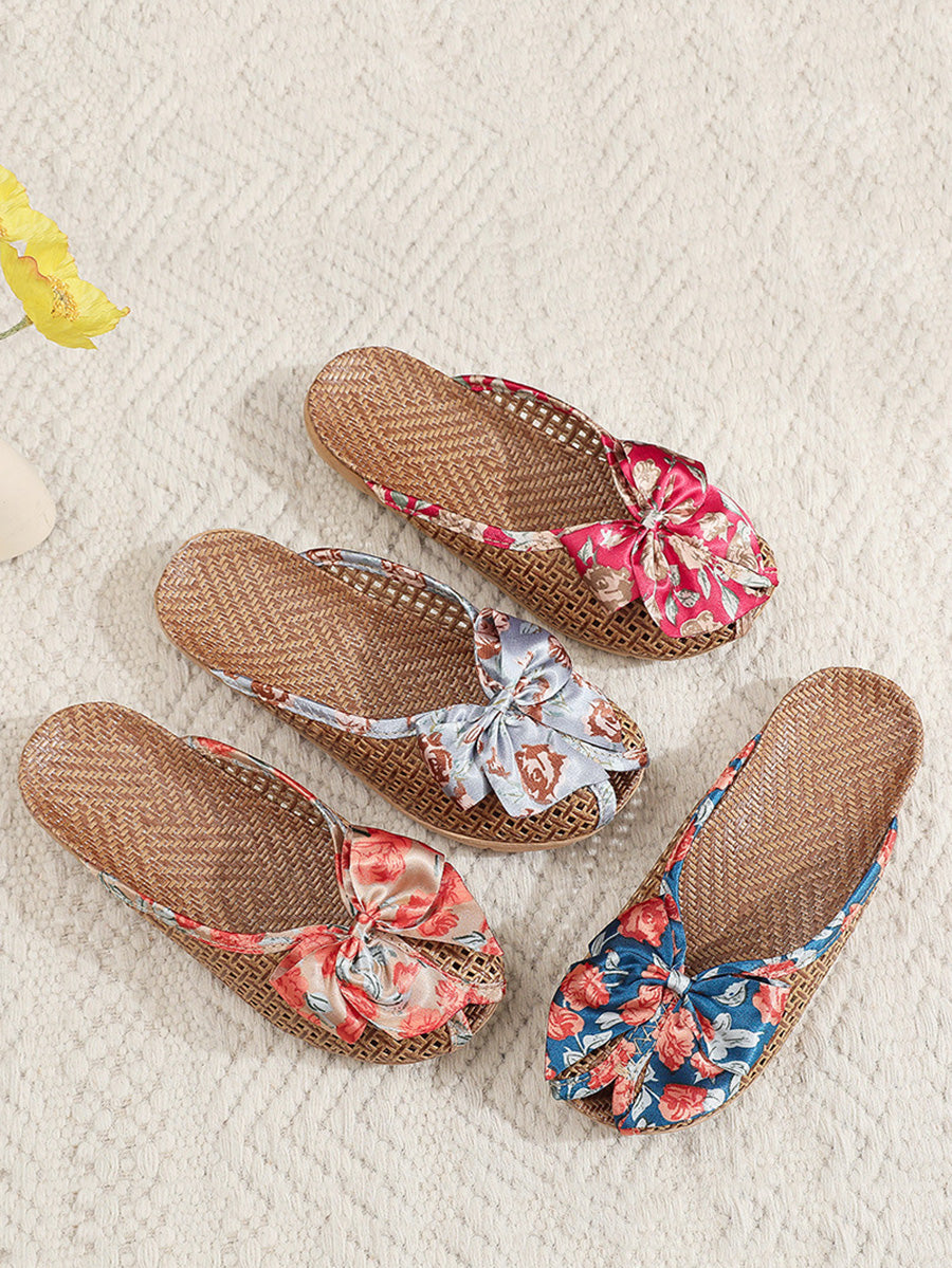 Women Ethnic Straw Weave Flower Bowknot Indoor Slippers