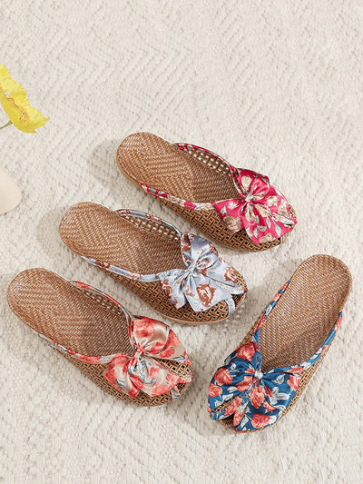 Women Ethnic Straw Weave Flower Bowknot Indoor Slippers