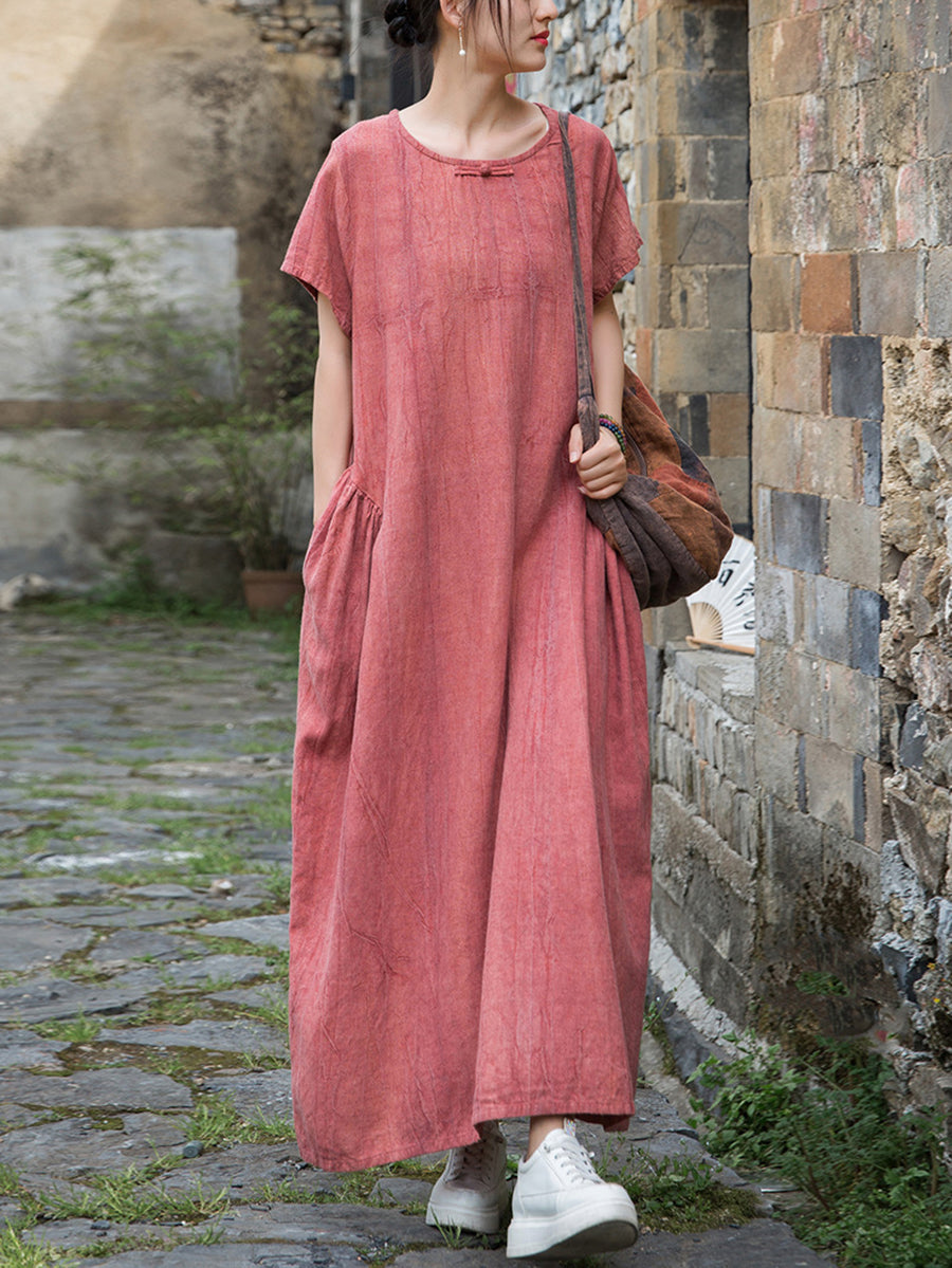 Women Summer Artsy Pure Color O-Neck Linen Dress
