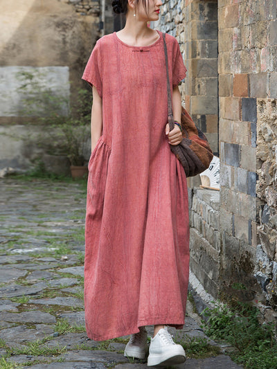 Women Summer Artsy Pure Color O-Neck Linen Dress