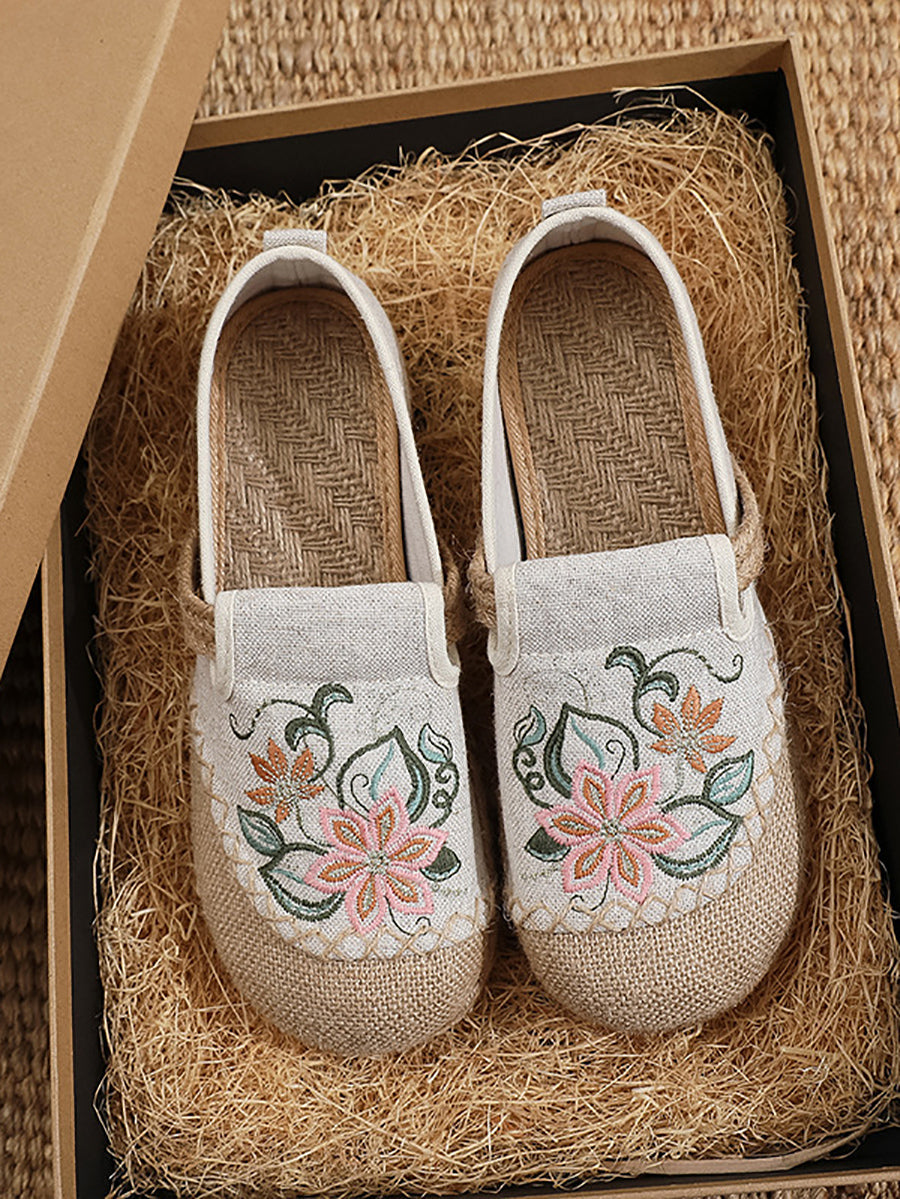 Women Summer Artsy Flower Embroidery Flat Shoes