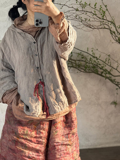 Plus Size Women Summer Vintage Linen Solid Button-up Hooded Shirt