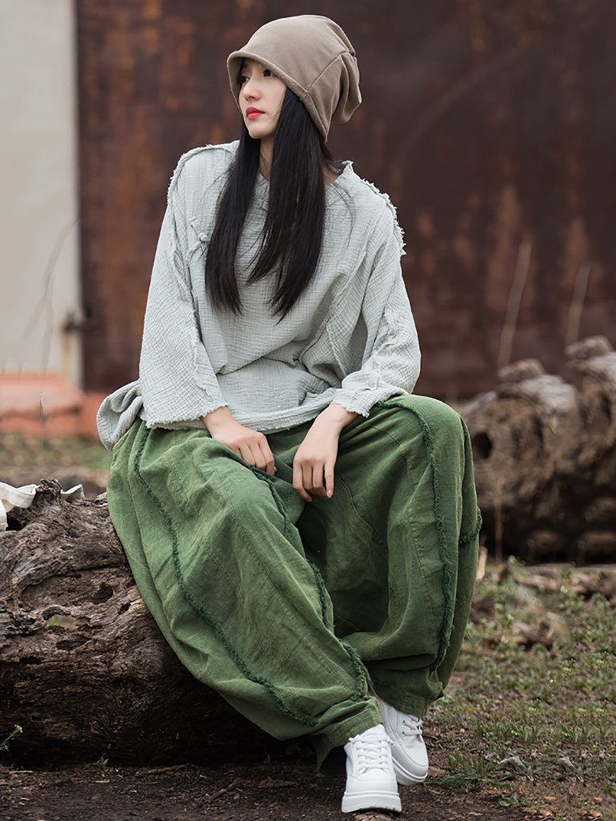 Women Summer Retro Solid Raw-edge Spliced Loose Bloomers