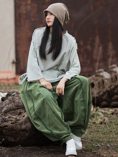 Women Summer Retro Solid Raw-edge Spliced Loose Bloomers