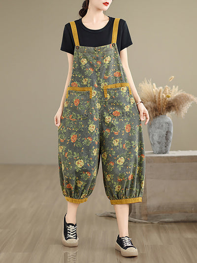 Women Summer Flower Denim Cropped Jumpsuits