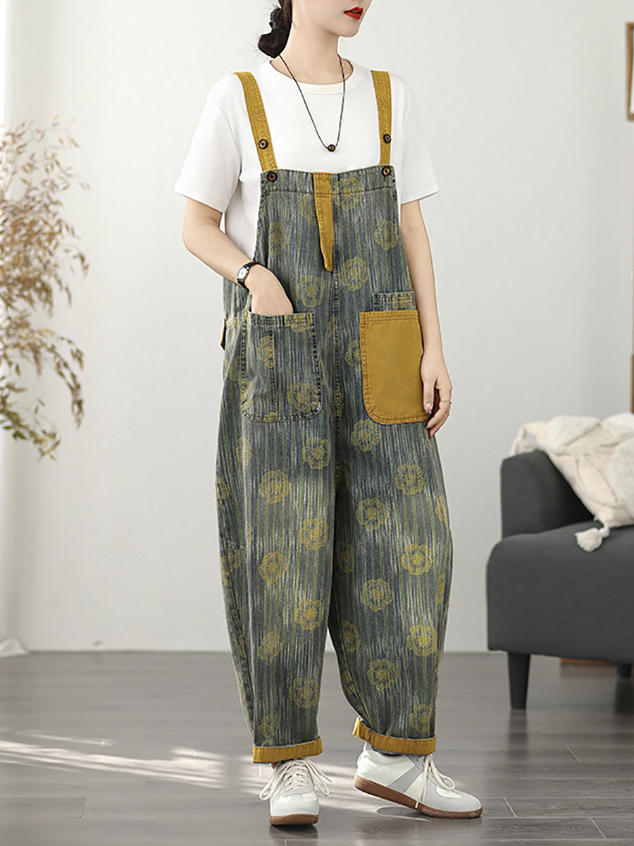 Women Summer Fashion Flower Stripe Denim Jumpsuits